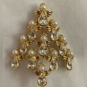 VTG Angel Tree Brooch pearl goldtone